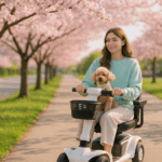 Image of a young woman on white mobility scooter with a small poodle in her lap as they adventure outdoors.